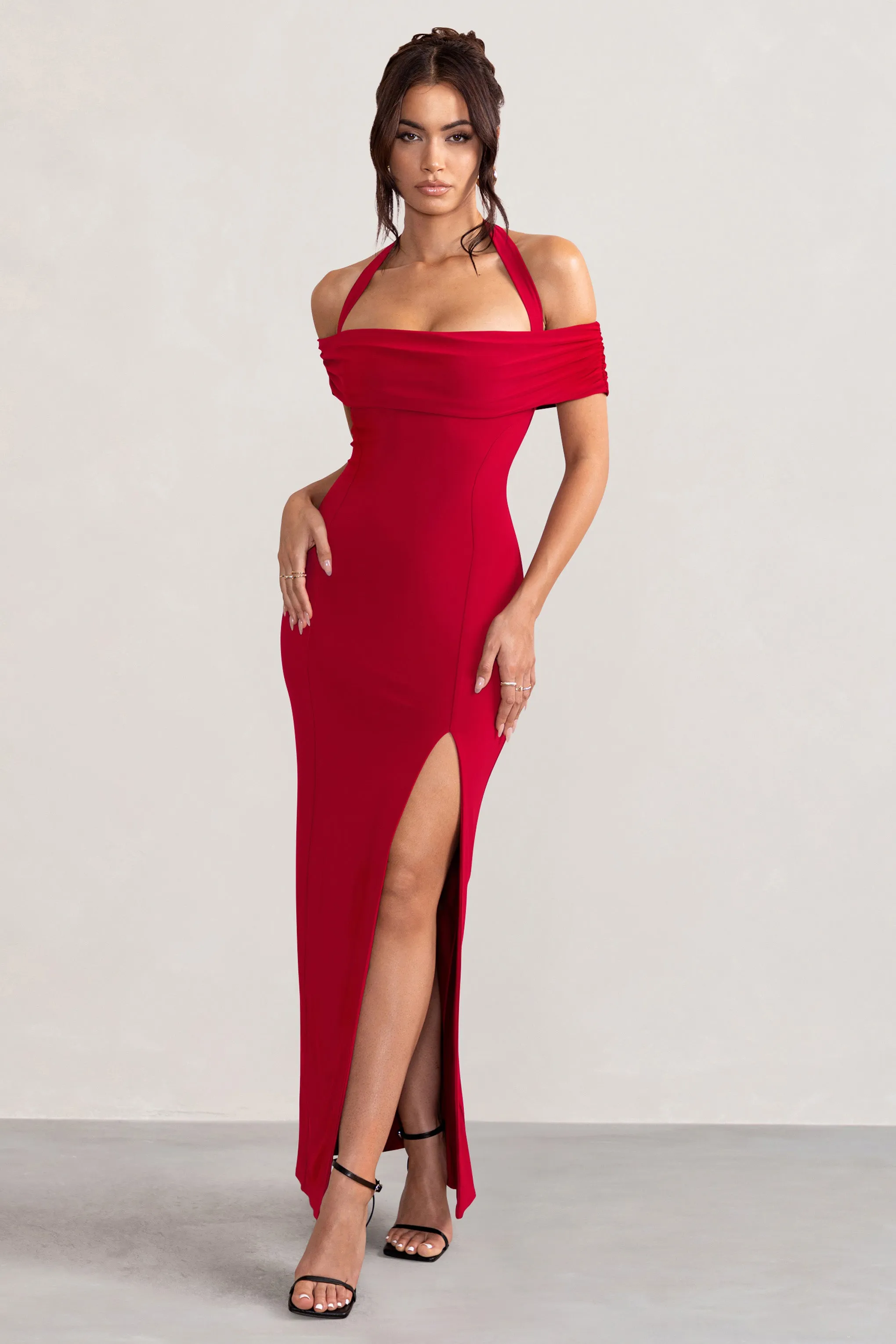 Anisa | Red Layered Halter Neck Bardot Maxi Dress With Thigh Split