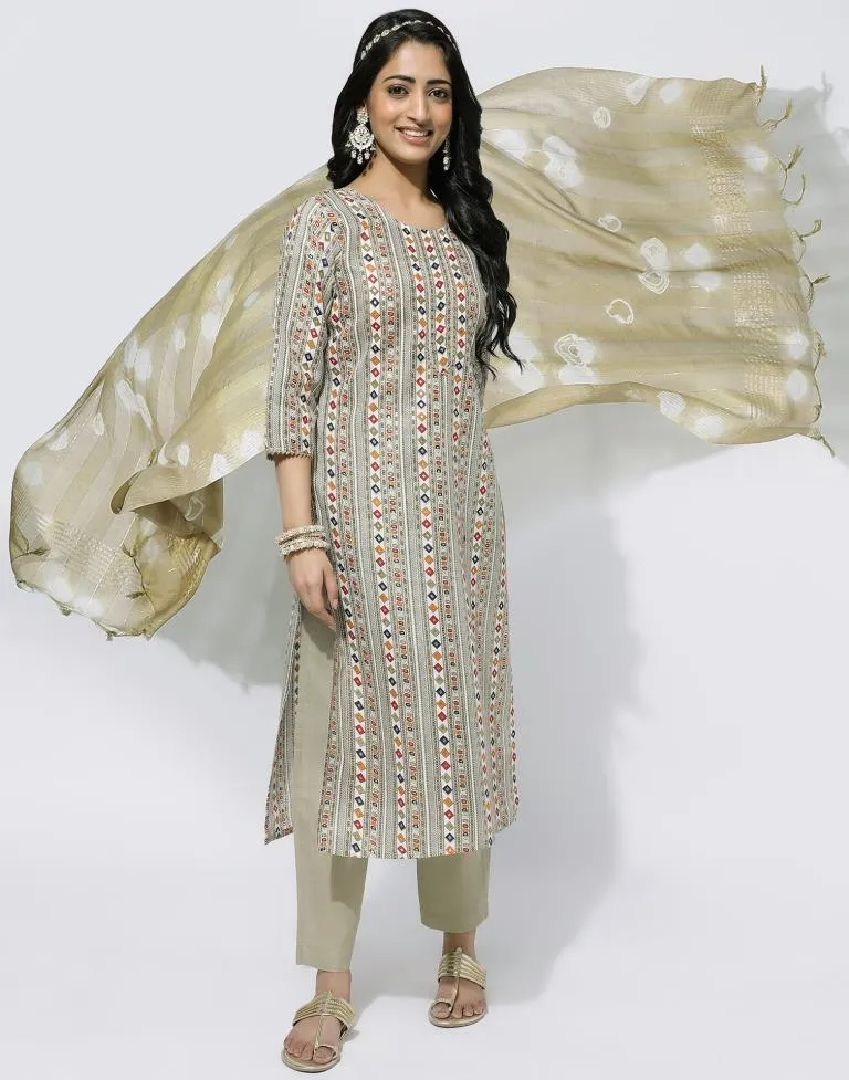 Beige Printed Straight Kurti With Pant And Dupatta