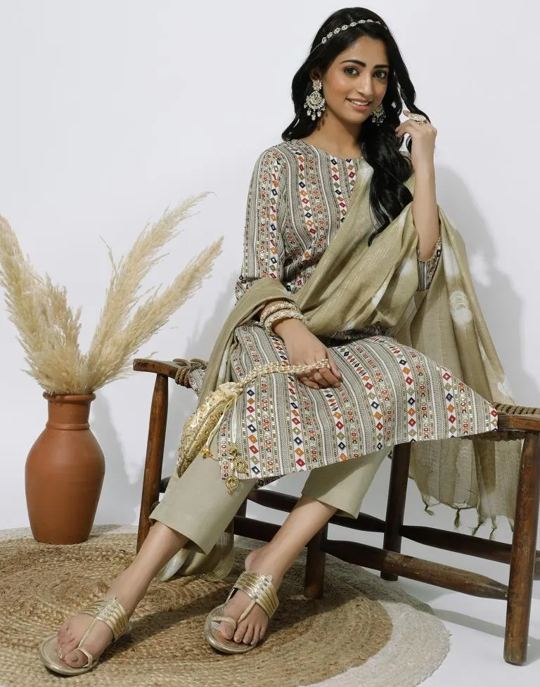 Beige Printed Straight Kurti With Pant And Dupatta