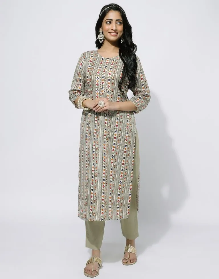 Beige Printed Straight Kurti With Pant And Dupatta