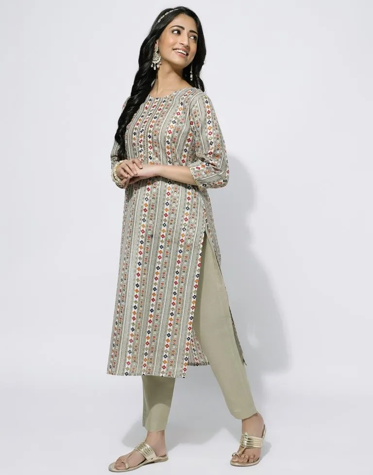 Beige Printed Straight Kurti With Pant And Dupatta