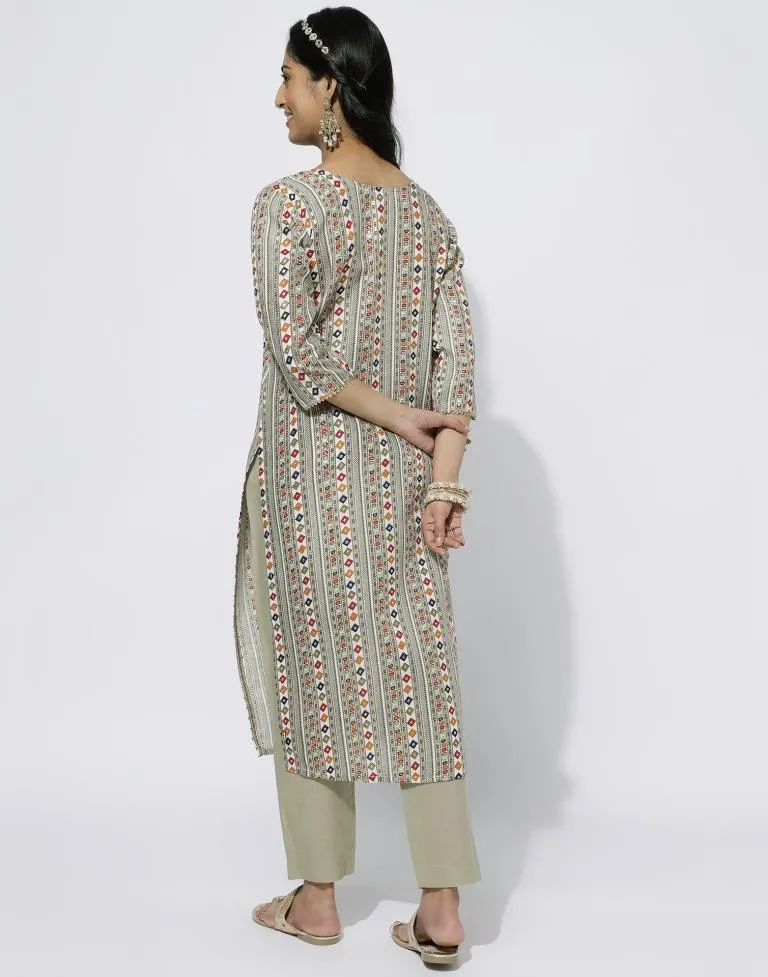 Beige Printed Straight Kurti With Pant And Dupatta