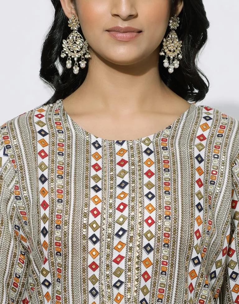 Beige Printed Straight Kurti With Pant And Dupatta