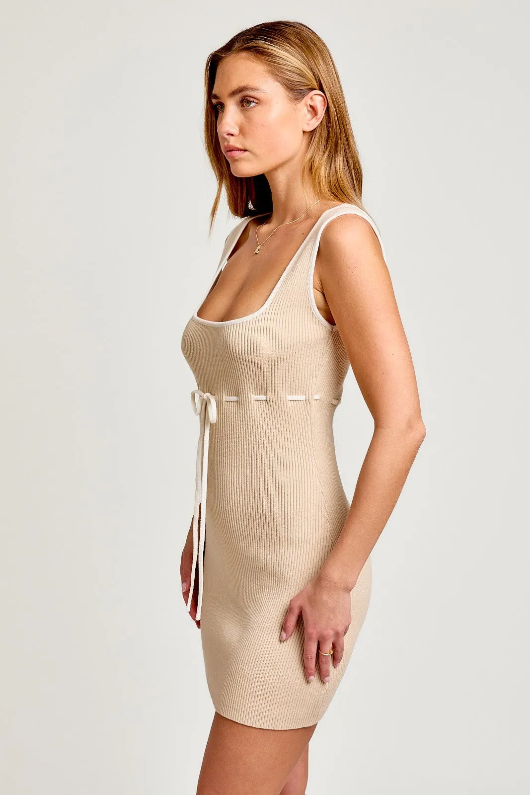 Beige White Stitch Detail Square Neck Sleeveless Sweater Dress