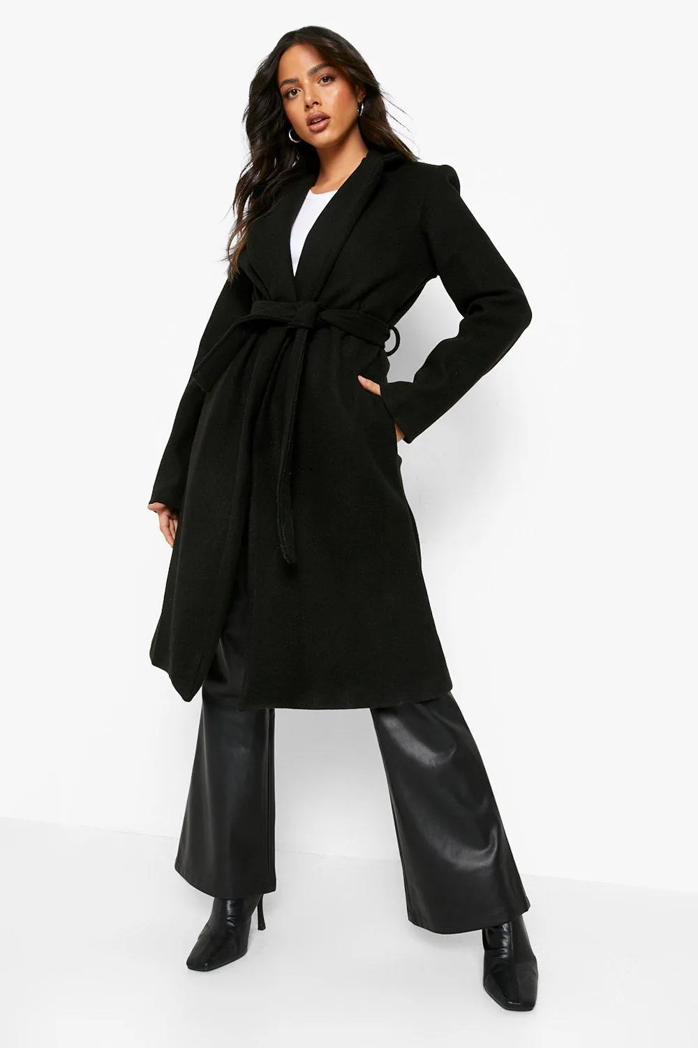 Belted Wool Look Robe Coat