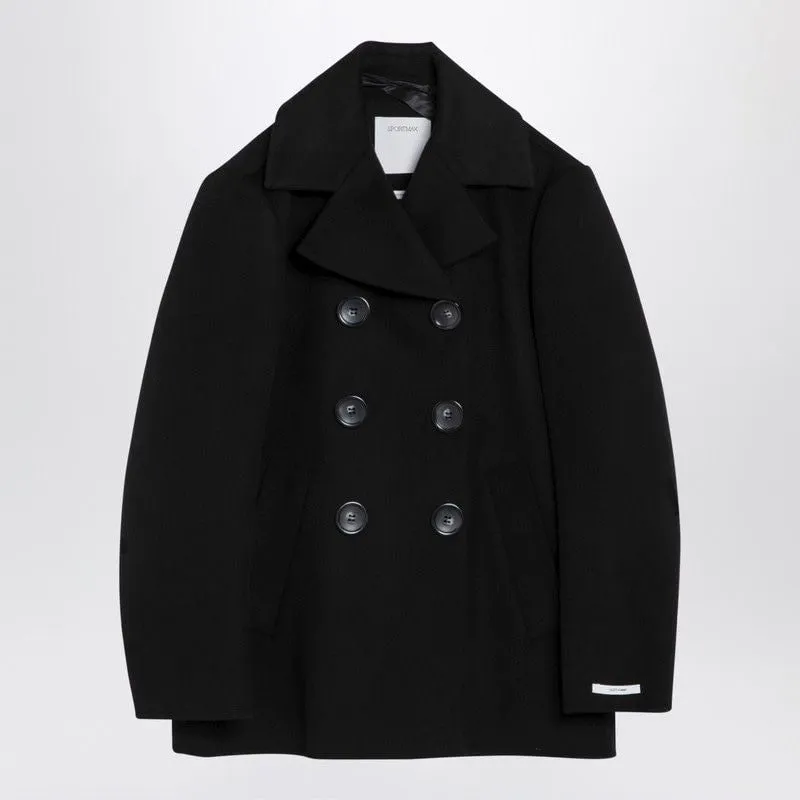 BLACK DOUBLE-BREASTED WOOL SHORT COAT