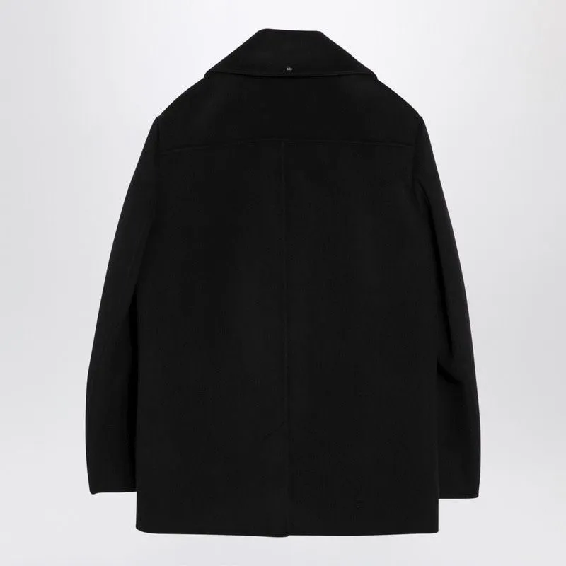 BLACK DOUBLE-BREASTED WOOL SHORT COAT