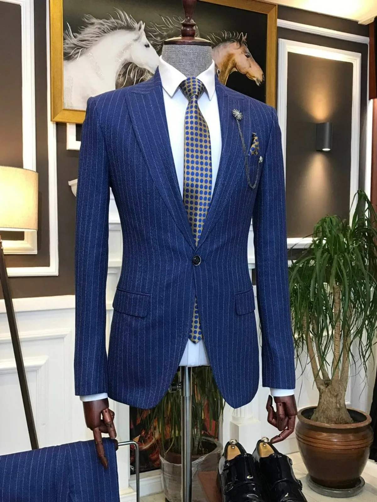 Bojoni Navy Striped Slim-Fit Suit 2-Piece