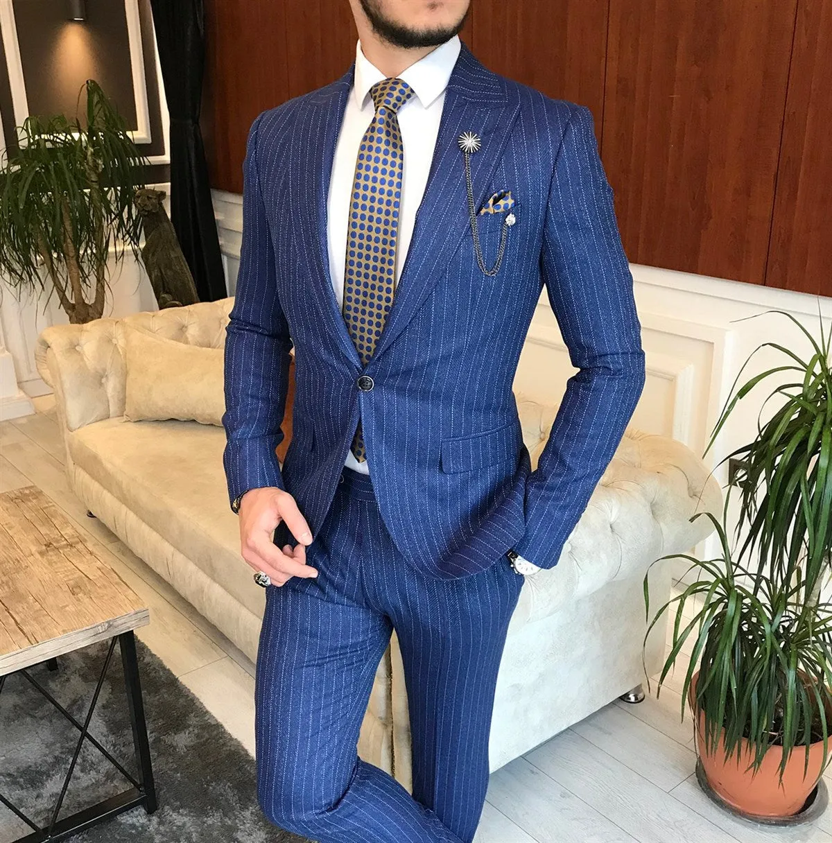 Bojoni Navy Striped Slim-Fit Suit 2-Piece