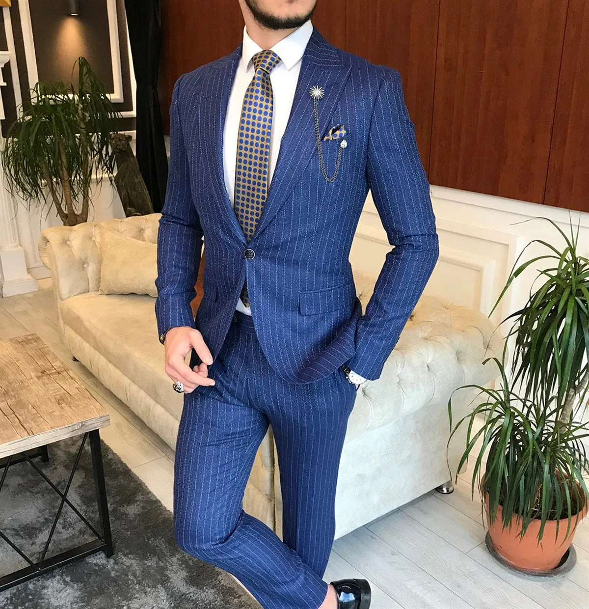 Bojoni Navy Striped Slim-Fit Suit 2-Piece