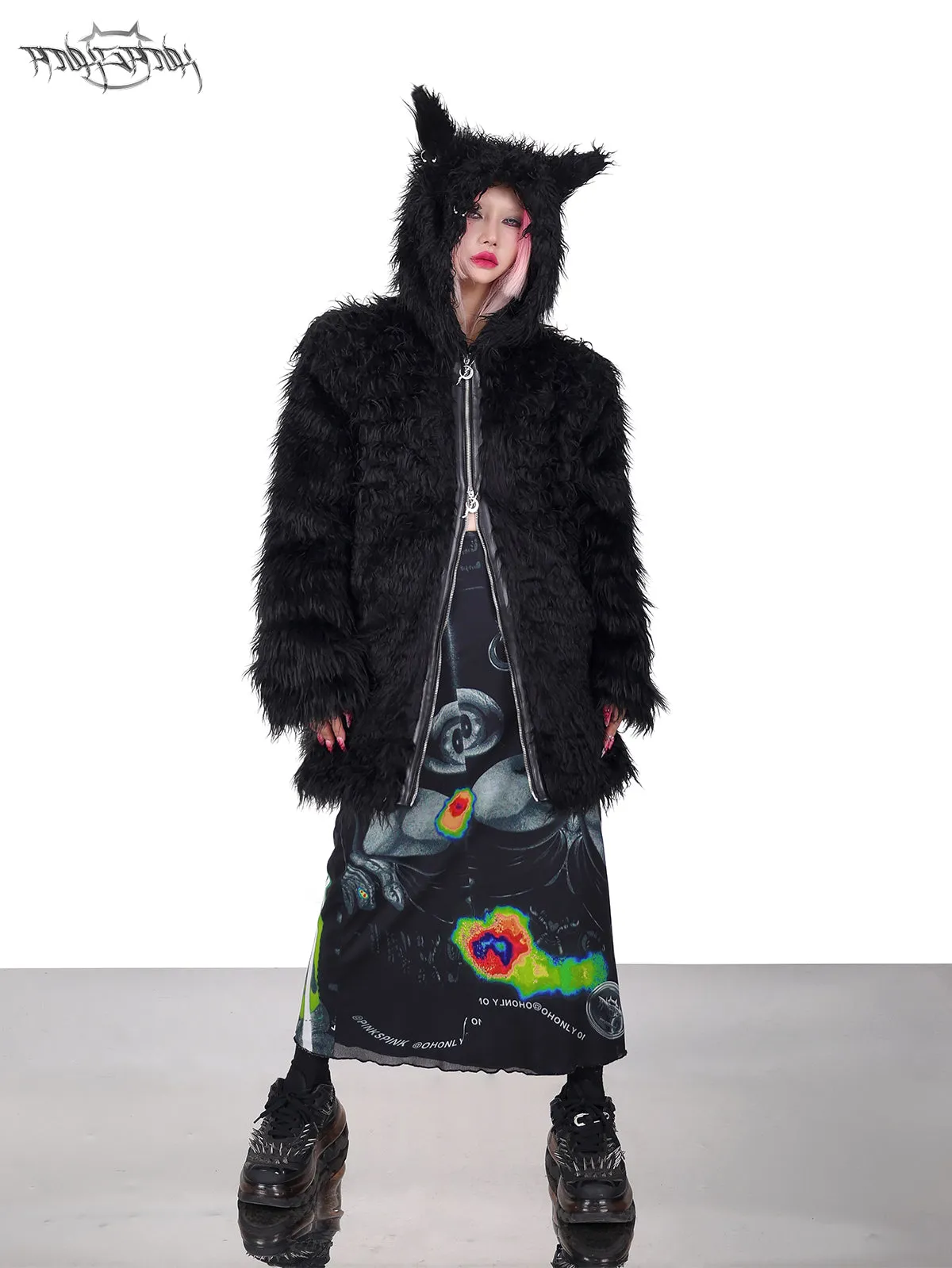 Cat-eared Devil Hooded ZIP-Up Fur Coat