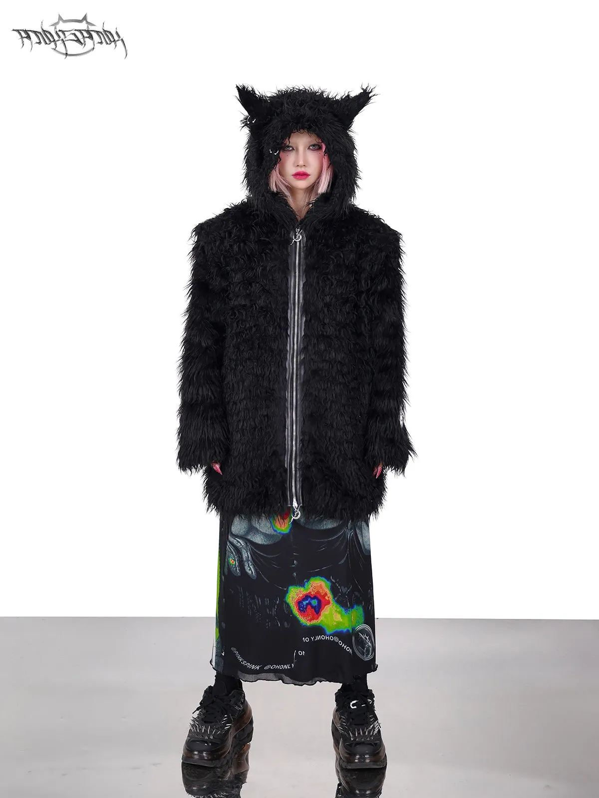 Cat-eared Devil Hooded ZIP-Up Fur Coat