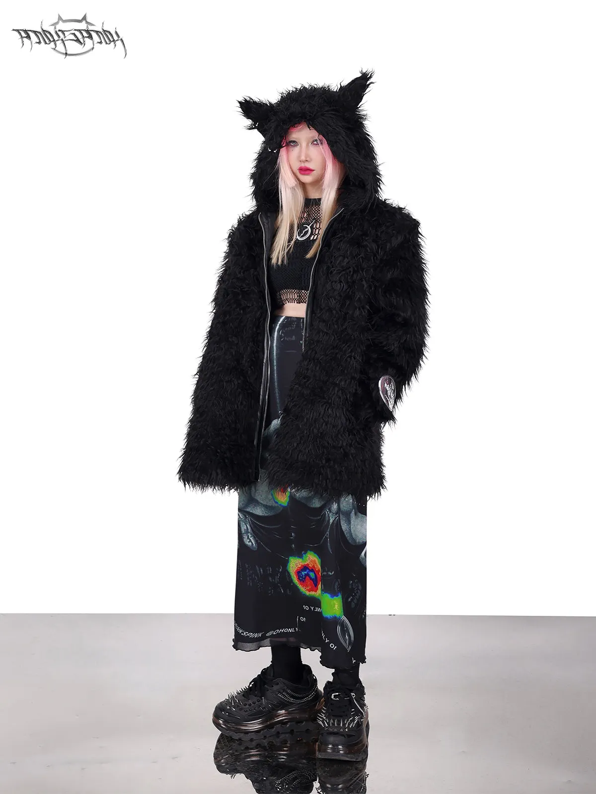 Cat-eared Devil Hooded ZIP-Up Fur Coat