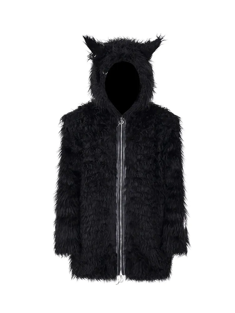 Cat-eared Devil Hooded ZIP-Up Fur Coat