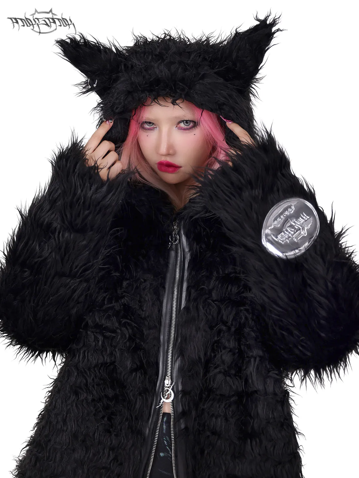 Cat-eared Devil Hooded ZIP-Up Fur Coat