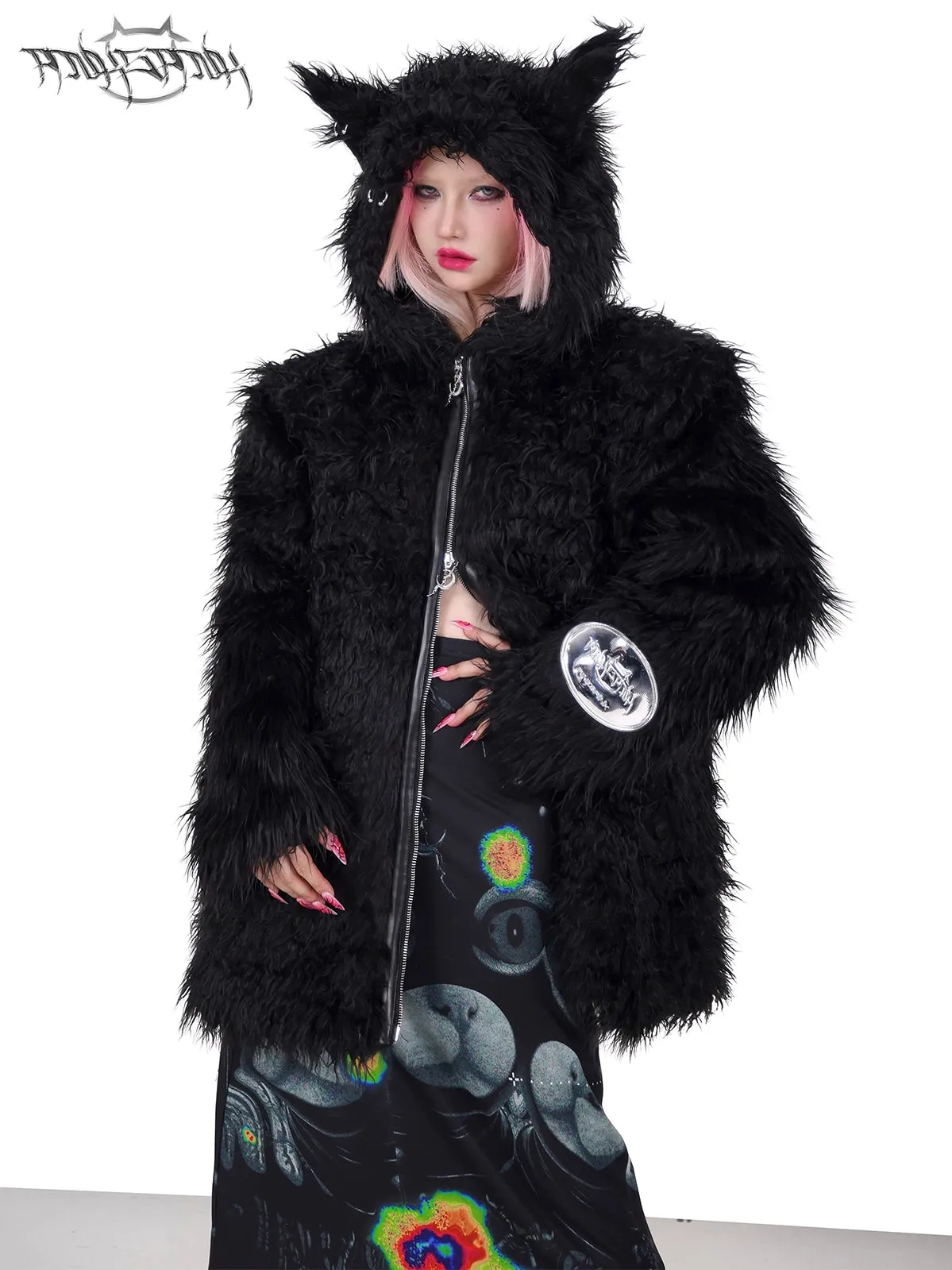 Cat-eared Devil Hooded ZIP-Up Fur Coat