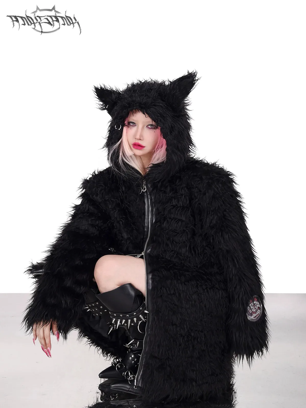 Cat-eared Devil Hooded ZIP-Up Fur Coat