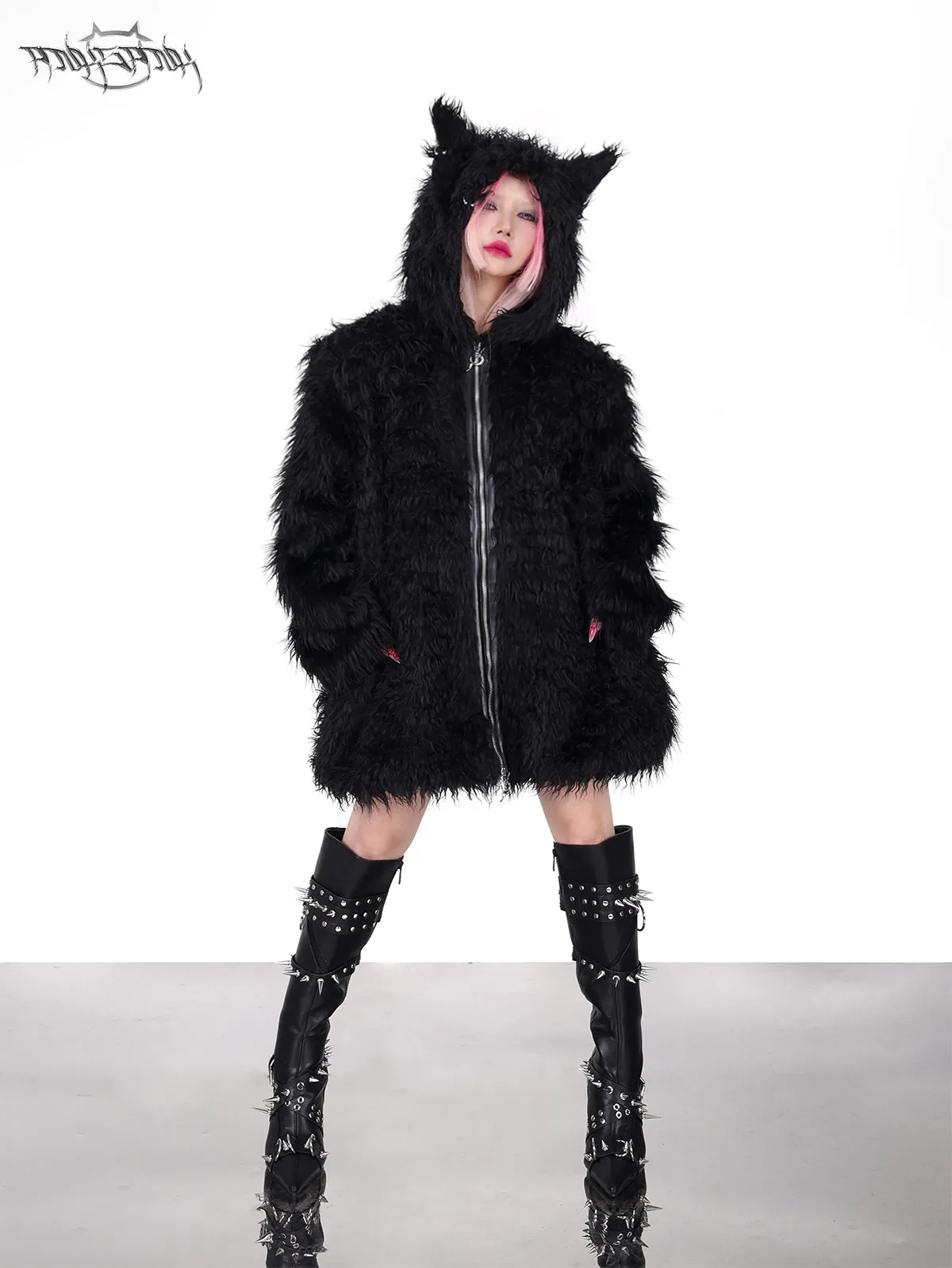 Cat-eared Devil Hooded ZIP-Up Fur Coat