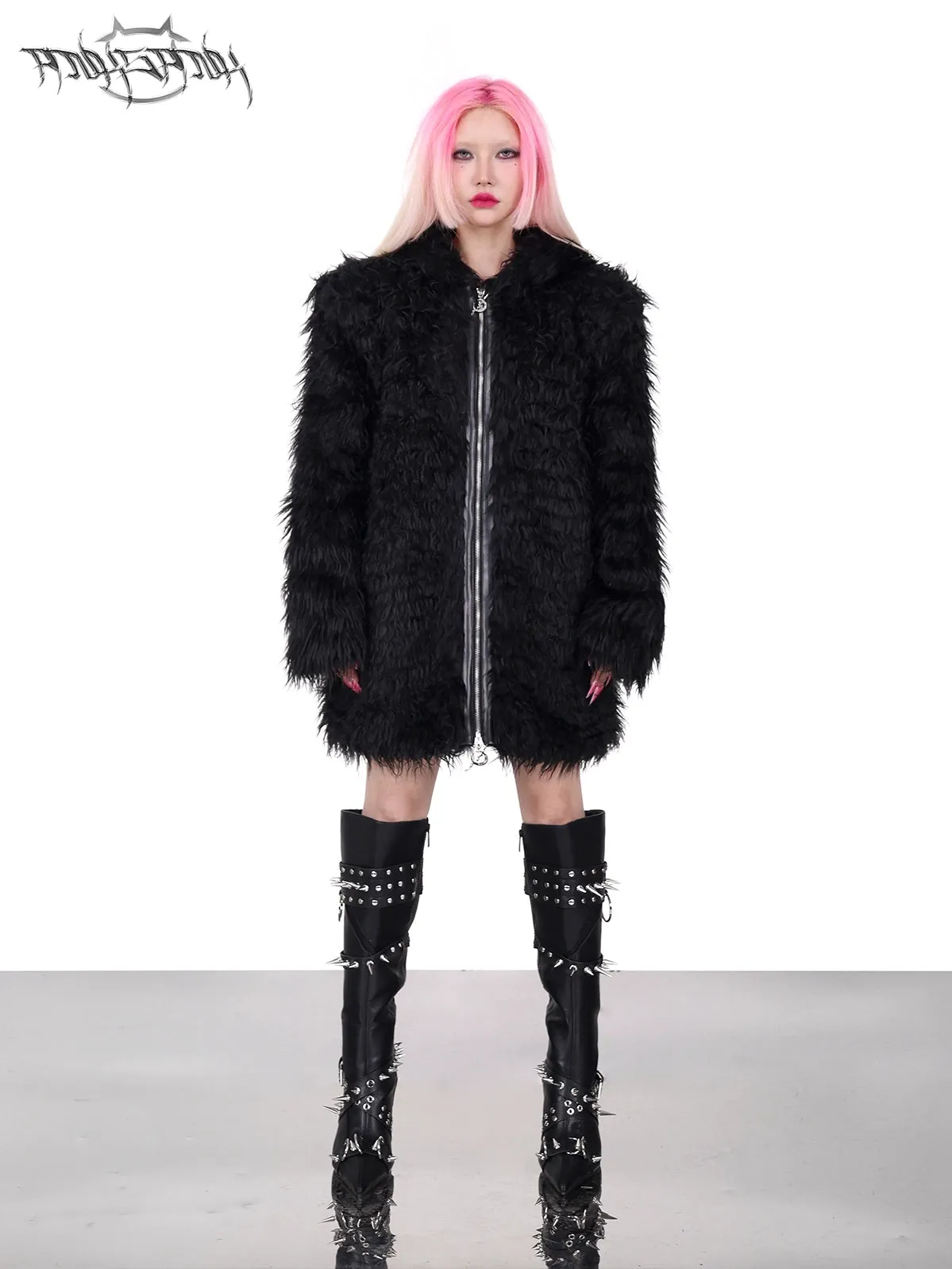 Cat-eared Devil Hooded ZIP-Up Fur Coat