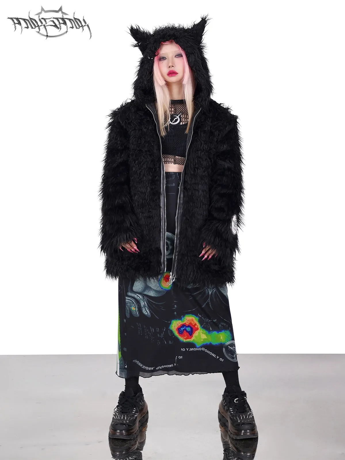 Cat-eared Devil Hooded ZIP-Up Fur Coat