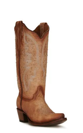 Circle G by Corral Women's Tan with Studs and Embroidery Snip Toe Cowboy Boots