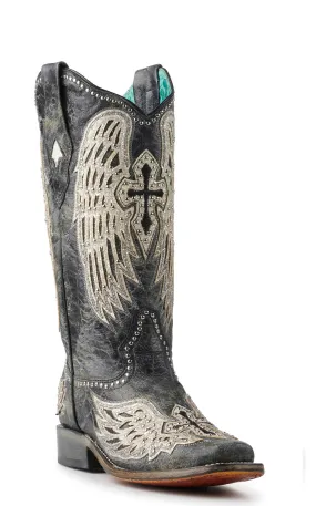 Corral Women's Distressed Black with Cross & Wings Square Toe Cowboy Boots