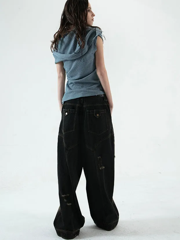 Distressed Large Hole Wide-leg Straight Jeans