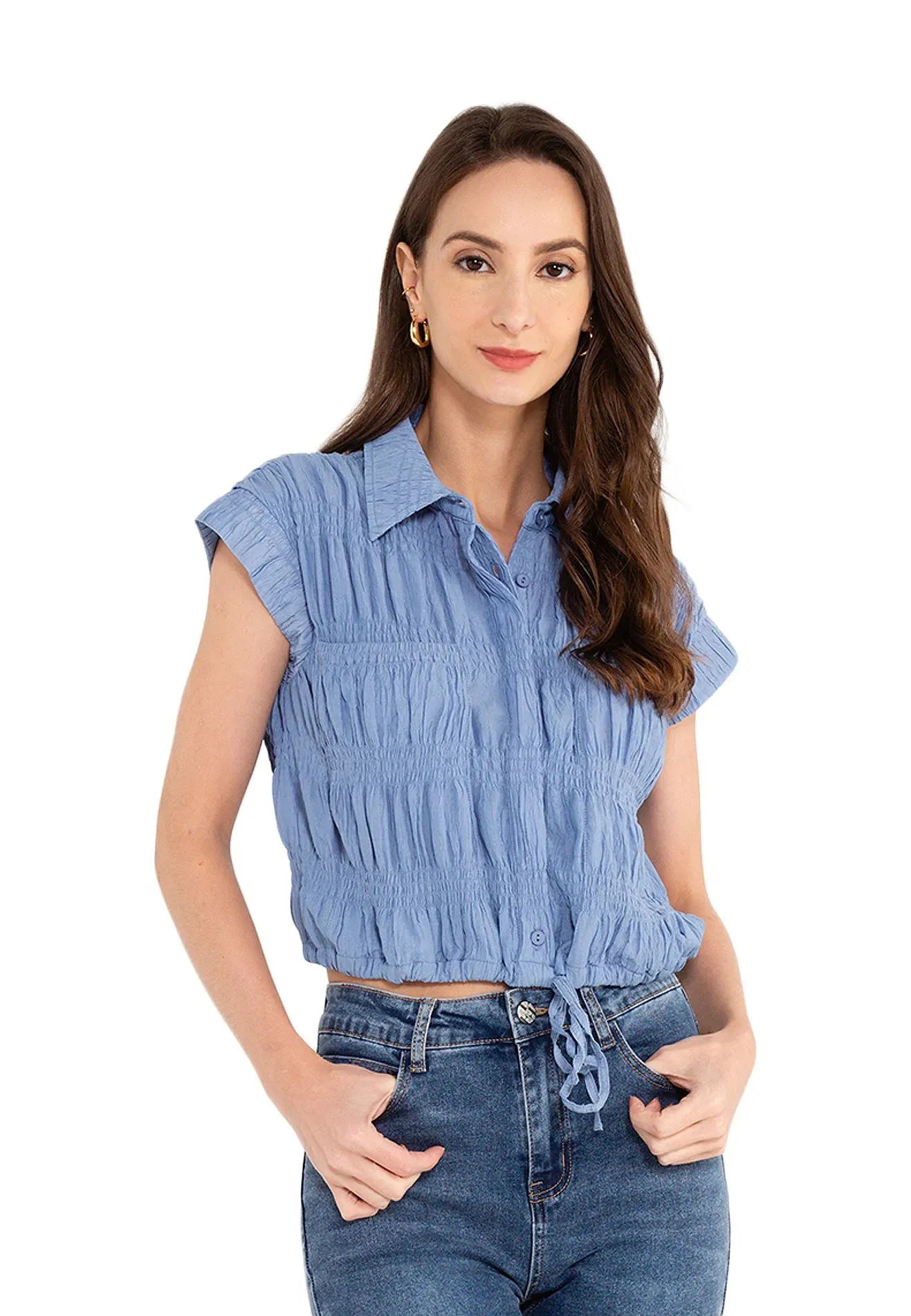 ELLE Apparel Button Front Crop Ruched Blouse