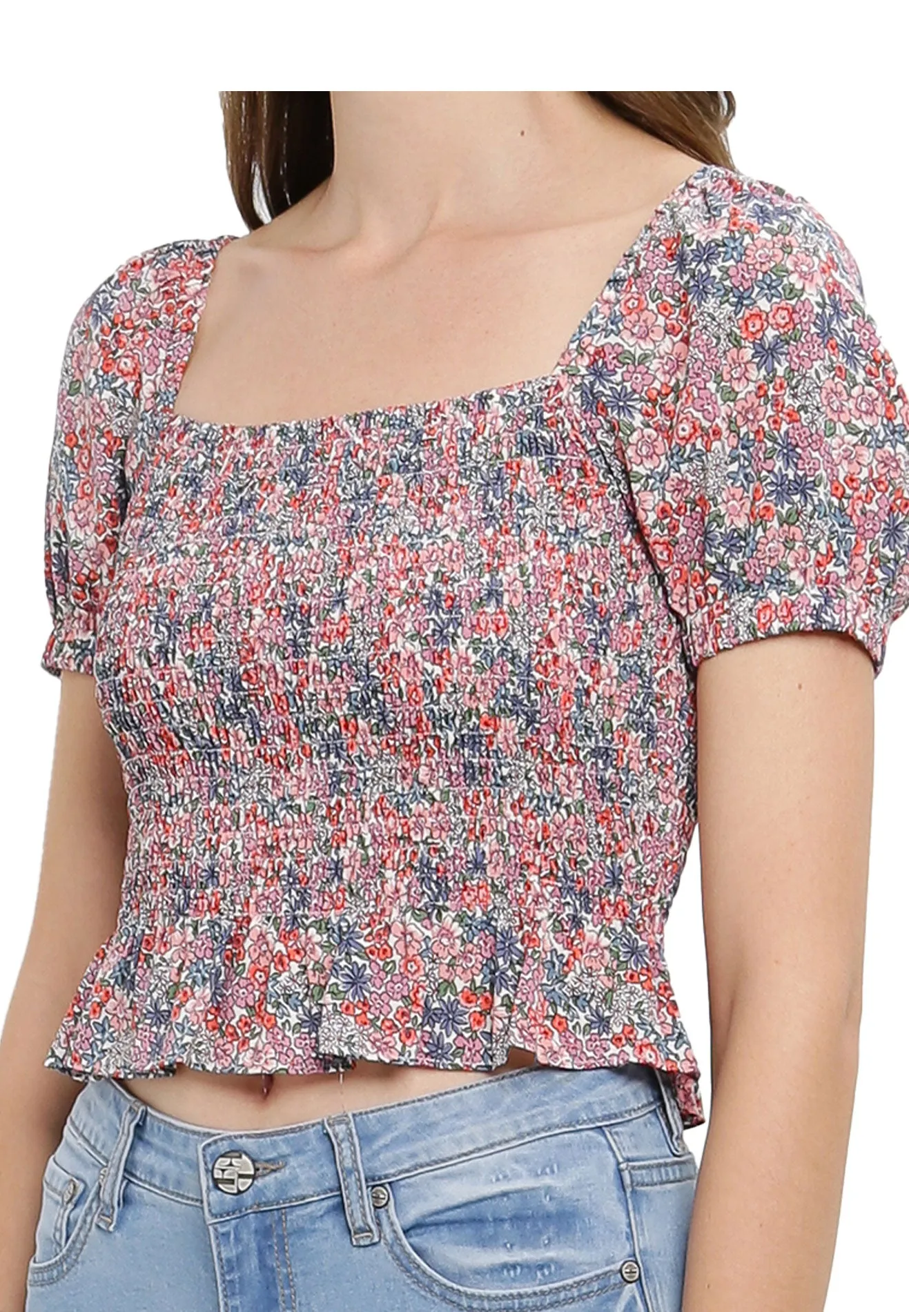 ELLE Apparel Square Neck Floral Print Blouse