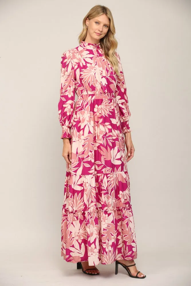 Floral Print Smocked Ruffle Neck Maxi Dress