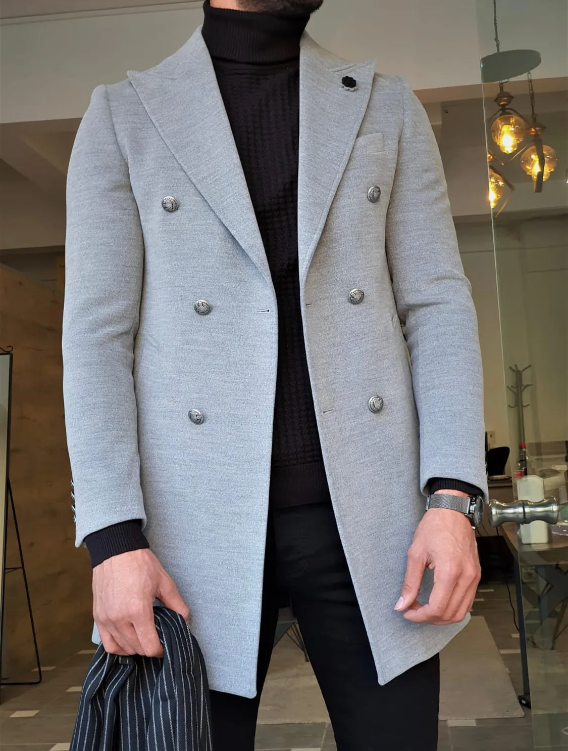 Forenzax Gray Slim Fit Wool Long Coat