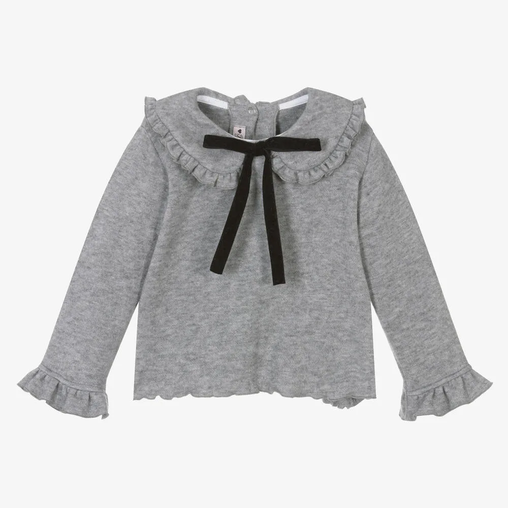 Girls Grey Ruffle Knit Sweater