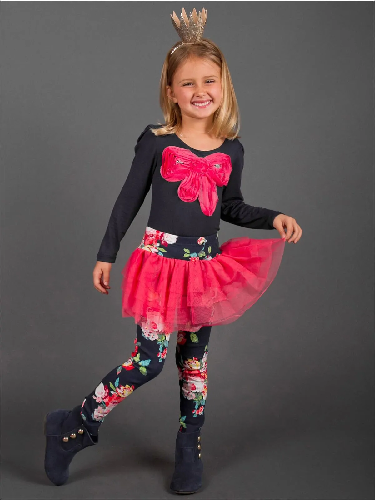 Girls Long Sleeve Bow Applique Top