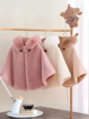 Girls Luxurious Plush Faux Fur Hooded Cape Coat