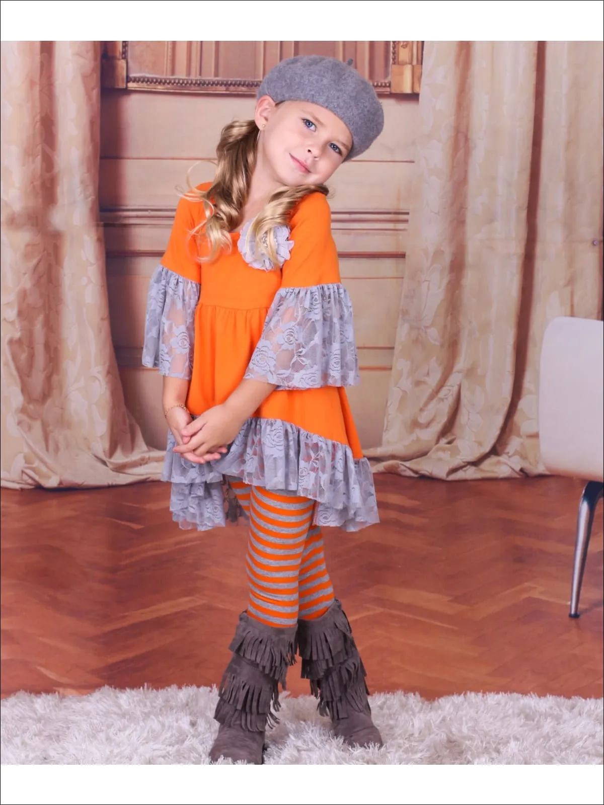 Girls Orange Boho Sleeve Tunic And Grey Striped Legging Set