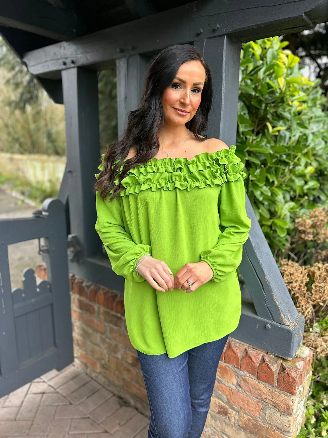 Green Ruffle Bardot Top Heidi