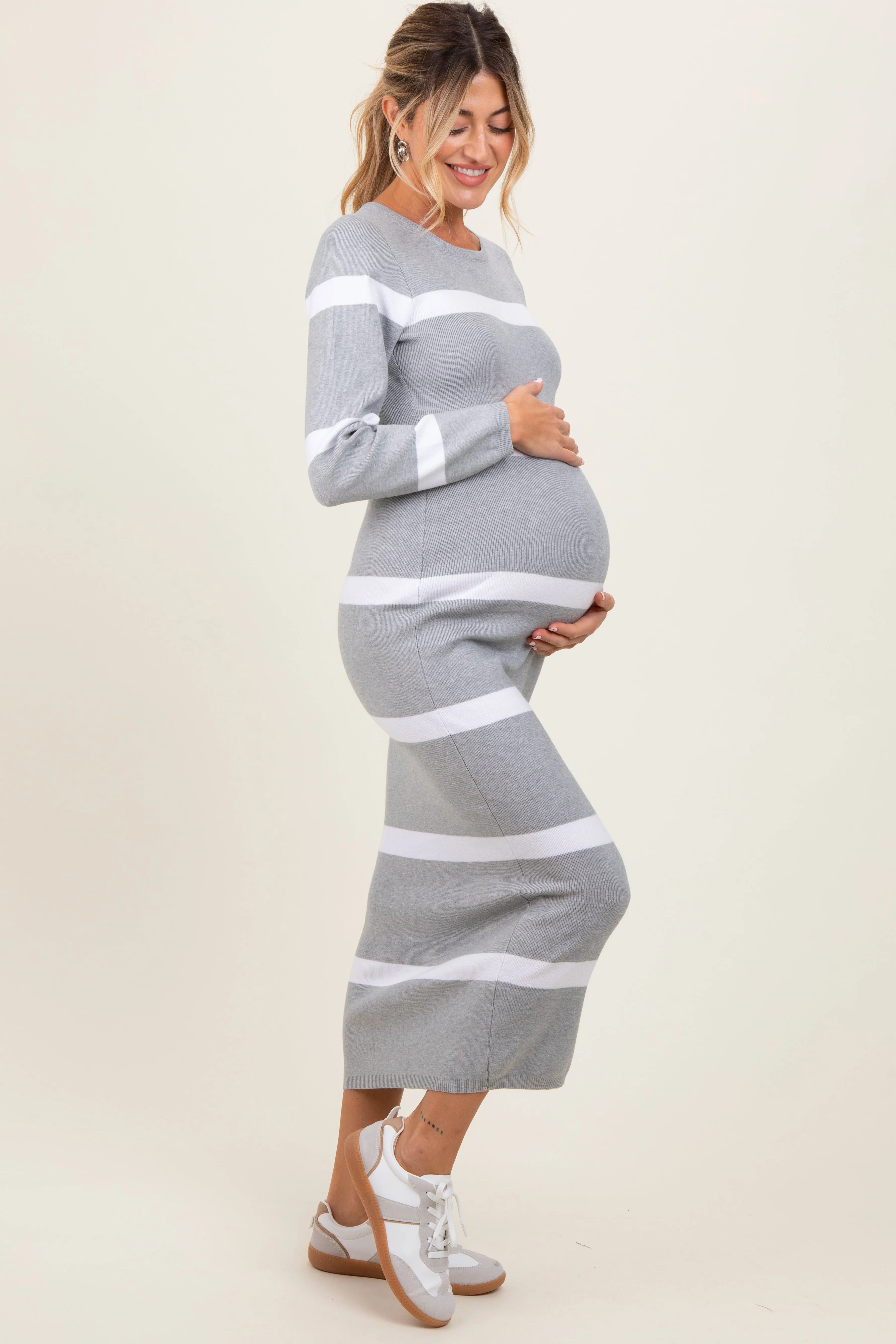 Heather Grey Striped Knit Long Sleeve Maternity Midi Sweater Dress