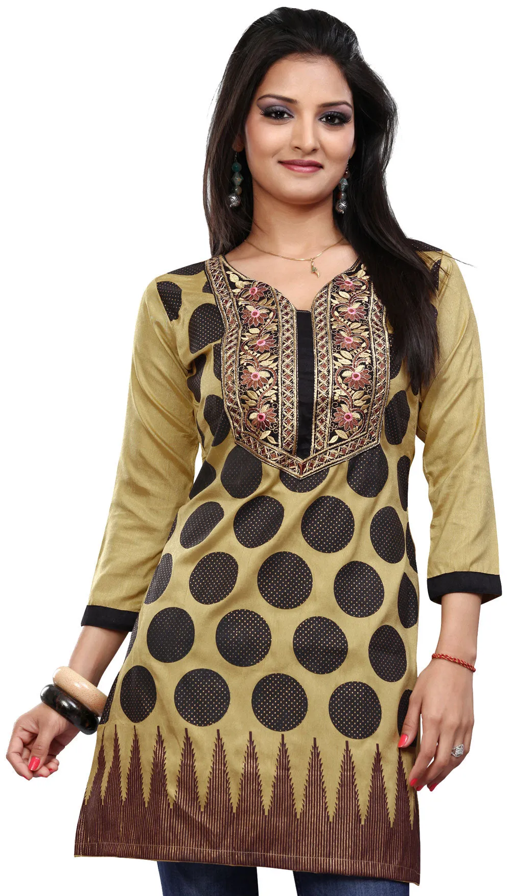 India Long Tunic Top Kurti Womens Printed Indian Apparel (Golden)