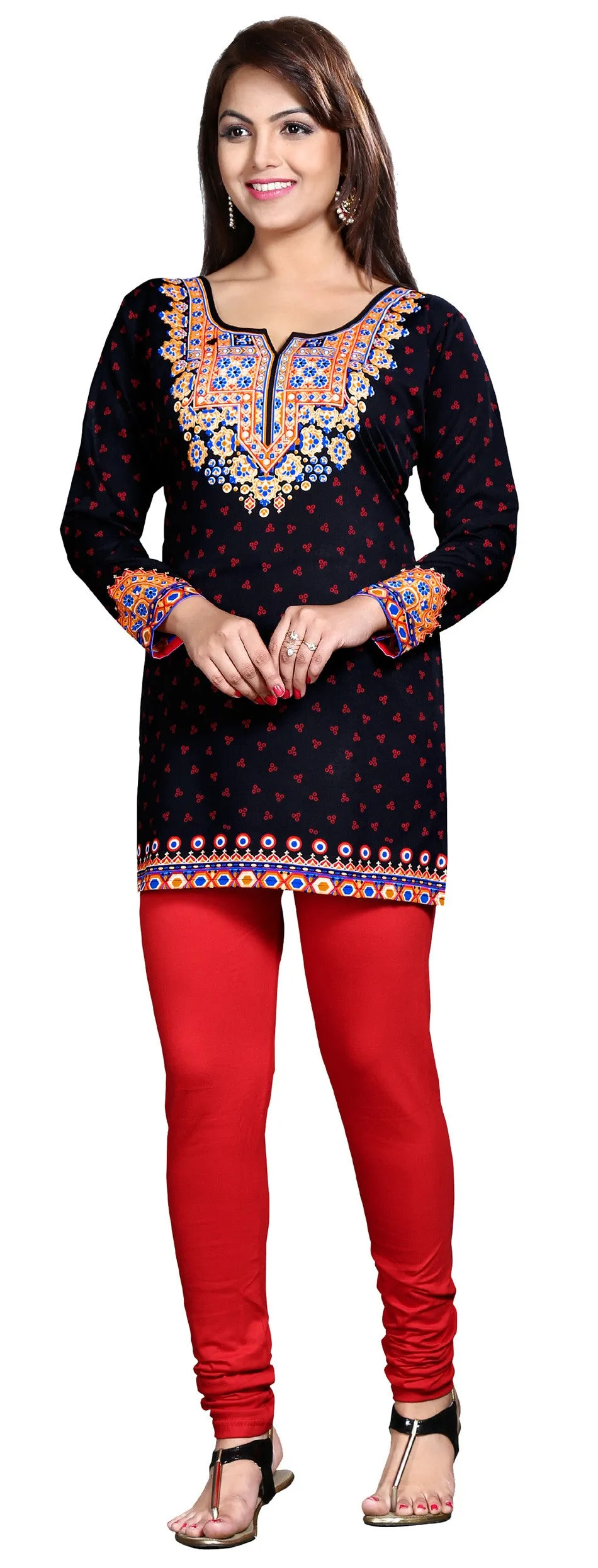 Indian Tunics Short Kurti Top Blouse Womens India Apparel (Black)