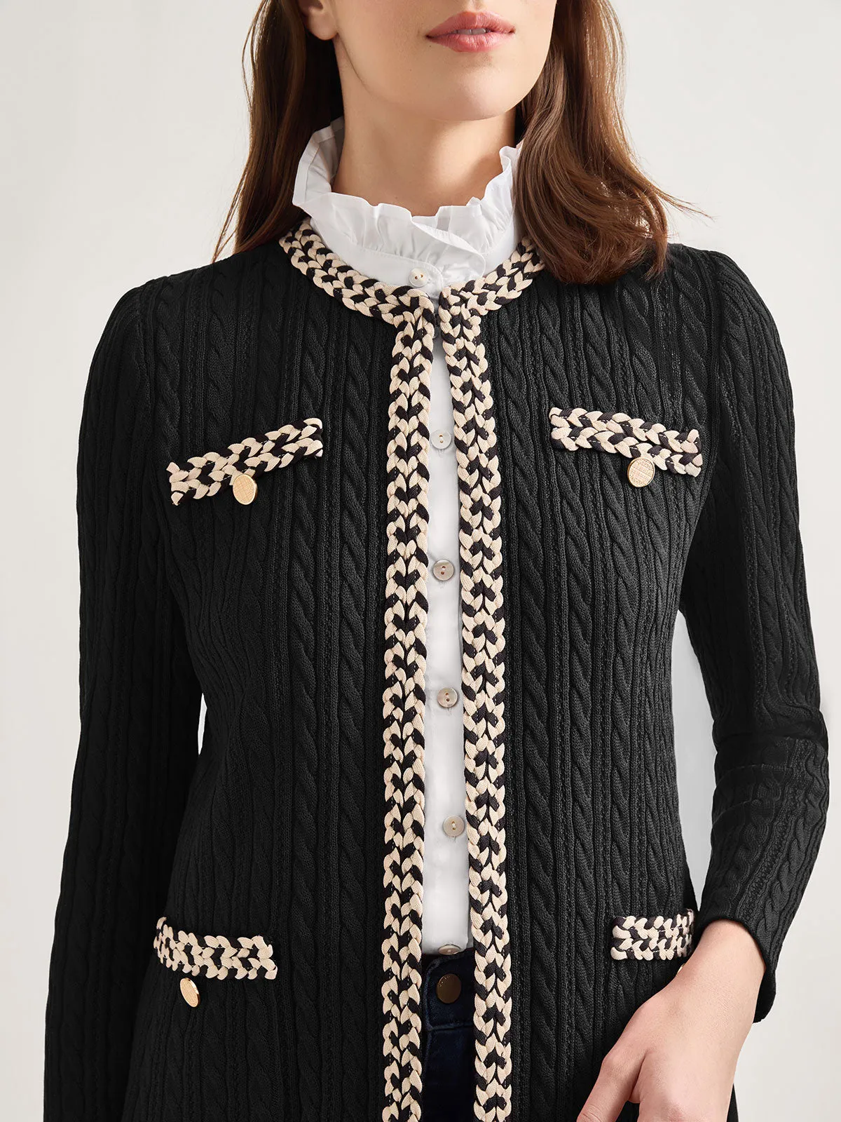 Jewel Neck Contrast Trim Cable Knit Jacket