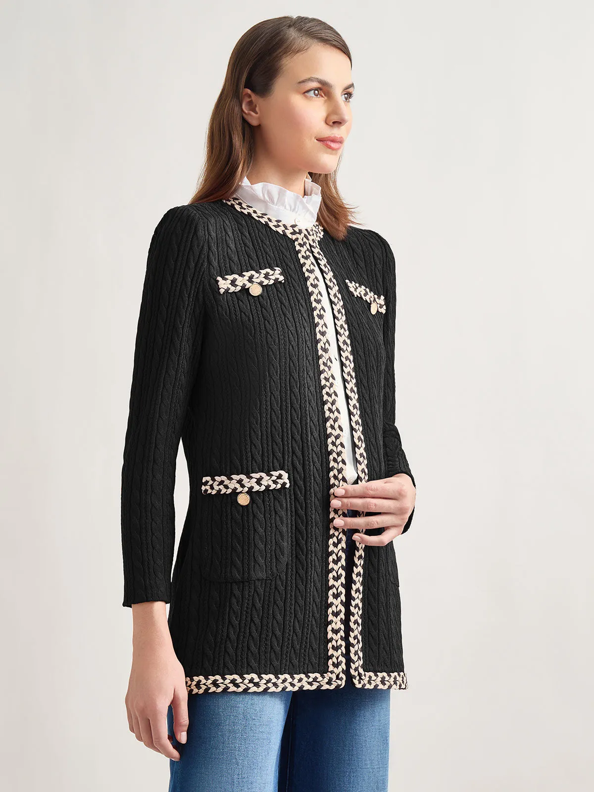 Jewel Neck Contrast Trim Cable Knit Jacket