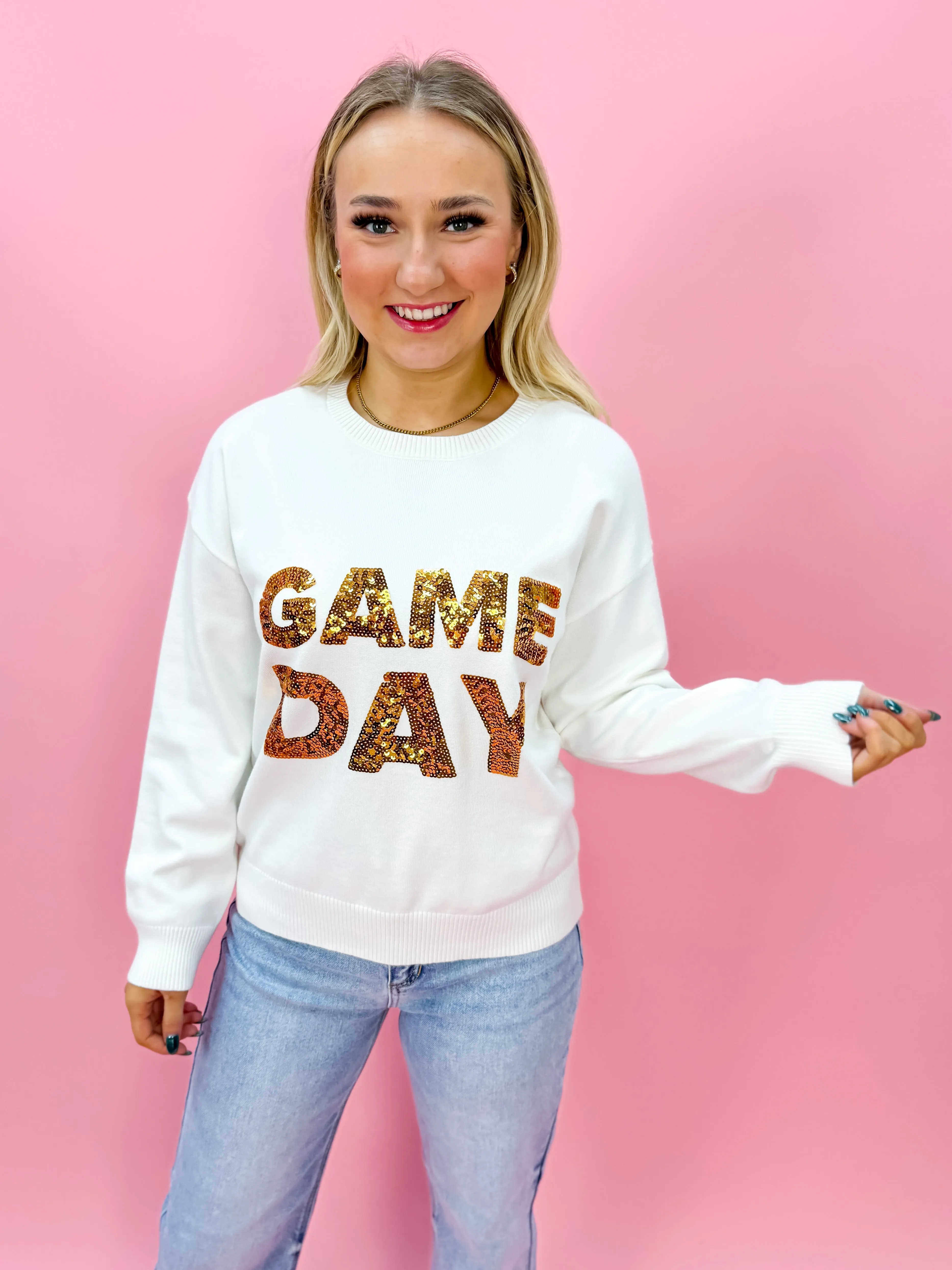 Knit Sweater with Gameday Sequin in White/Gold