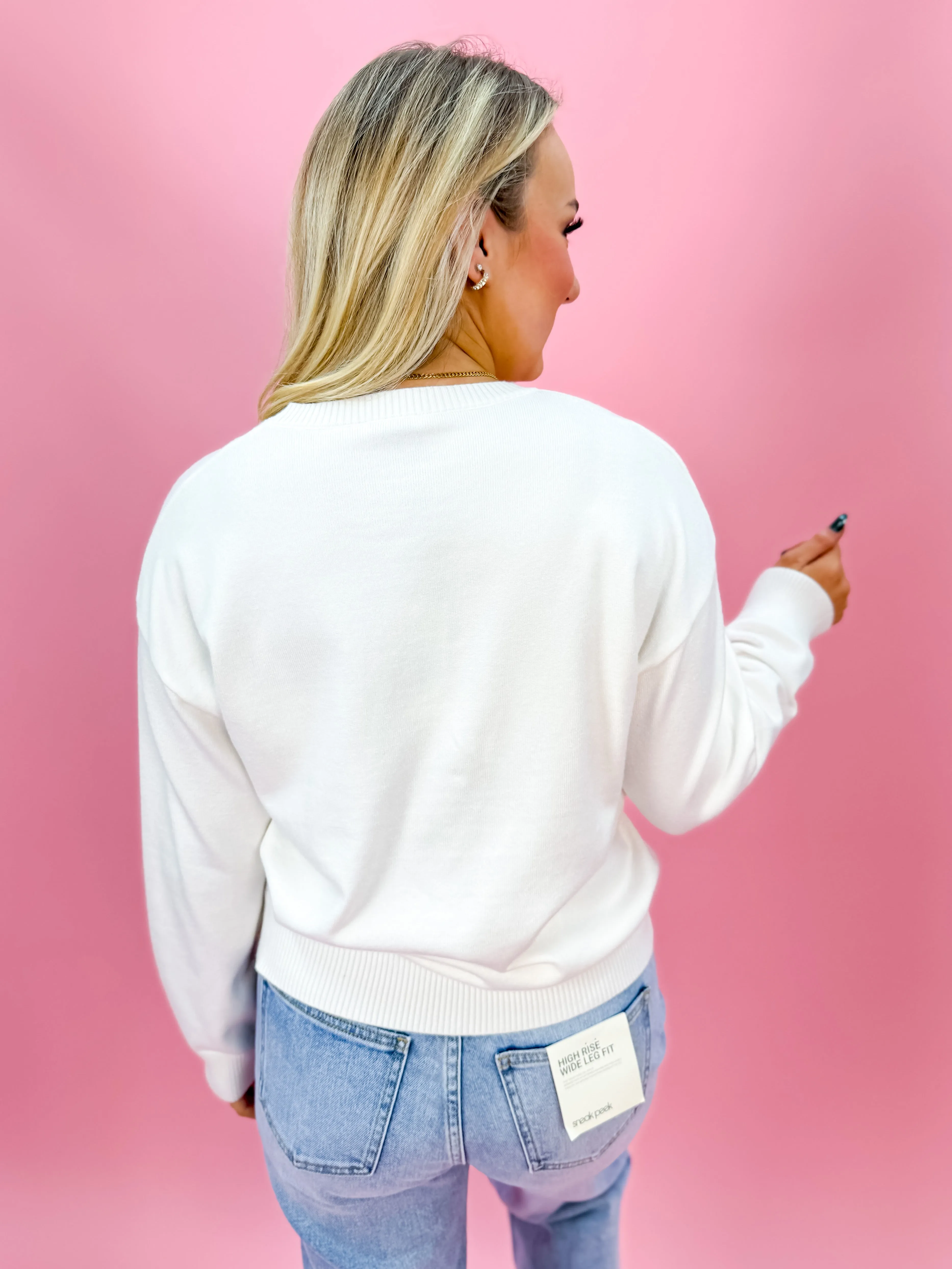 Knit Sweater with Gameday Sequin in White/Gold