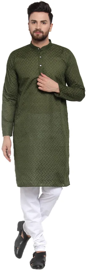 Kurta Pajama Evening Wear Men's Cotton Chikan India Apparel (Olive)