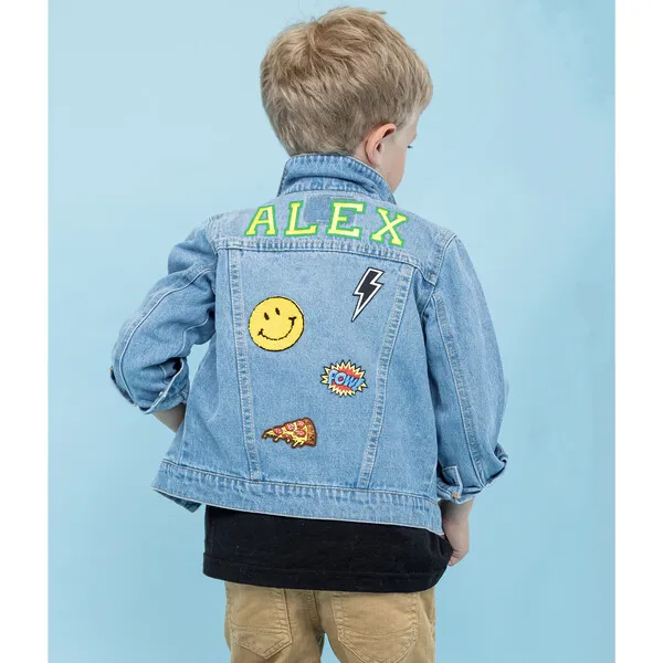 Little Chicken Custom Light Wash Denim Jacket, Green Letters