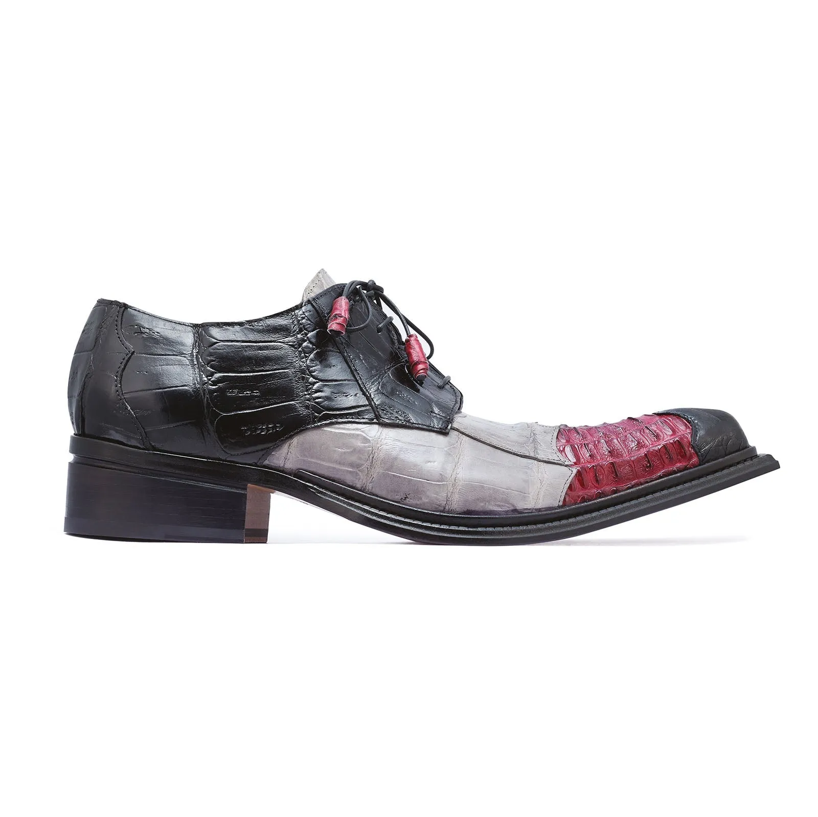 Mauri Piave 44207 Men's Shoes Black / Ruby Red / Gray Exotic Crocodile / Hornback Derby Oxfords (MA5257)