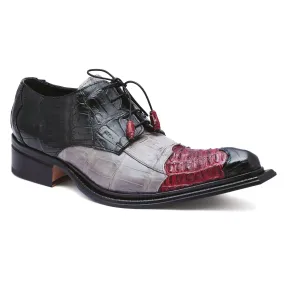 Mauri Piave 44207 Men's Shoes Black / Ruby Red / Gray Exotic Crocodile / Hornback Derby Oxfords (MA5257)