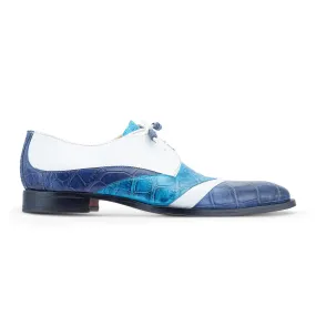 Mauri Swag 3064 Men's Shoes Caribbean Blue, White & Azure Exotic Alligator / Ostrich Leg Derby Oxfords (MA5529)