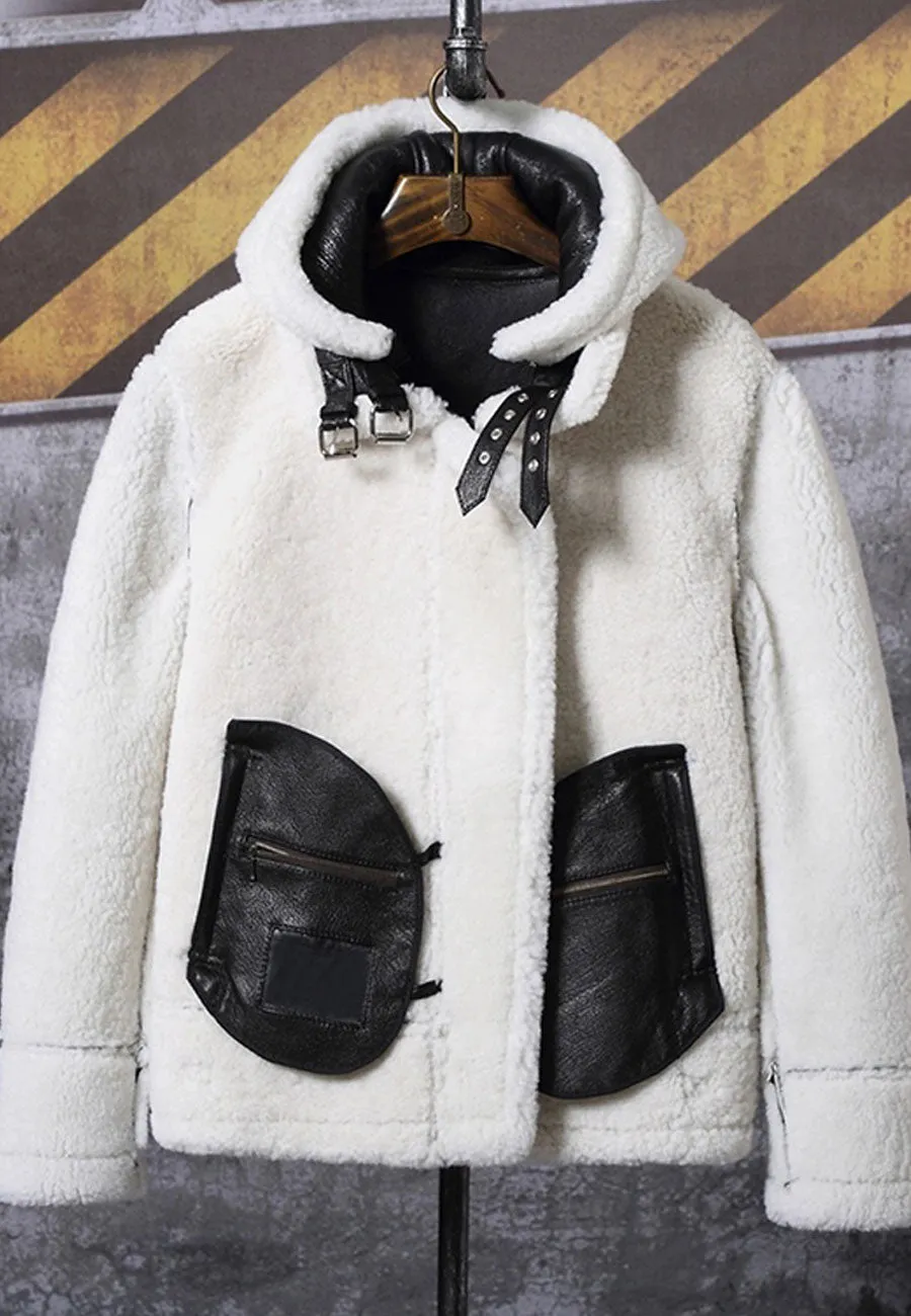 Men’s Aviator Removable Hood Black Leather White Shearling Jacket