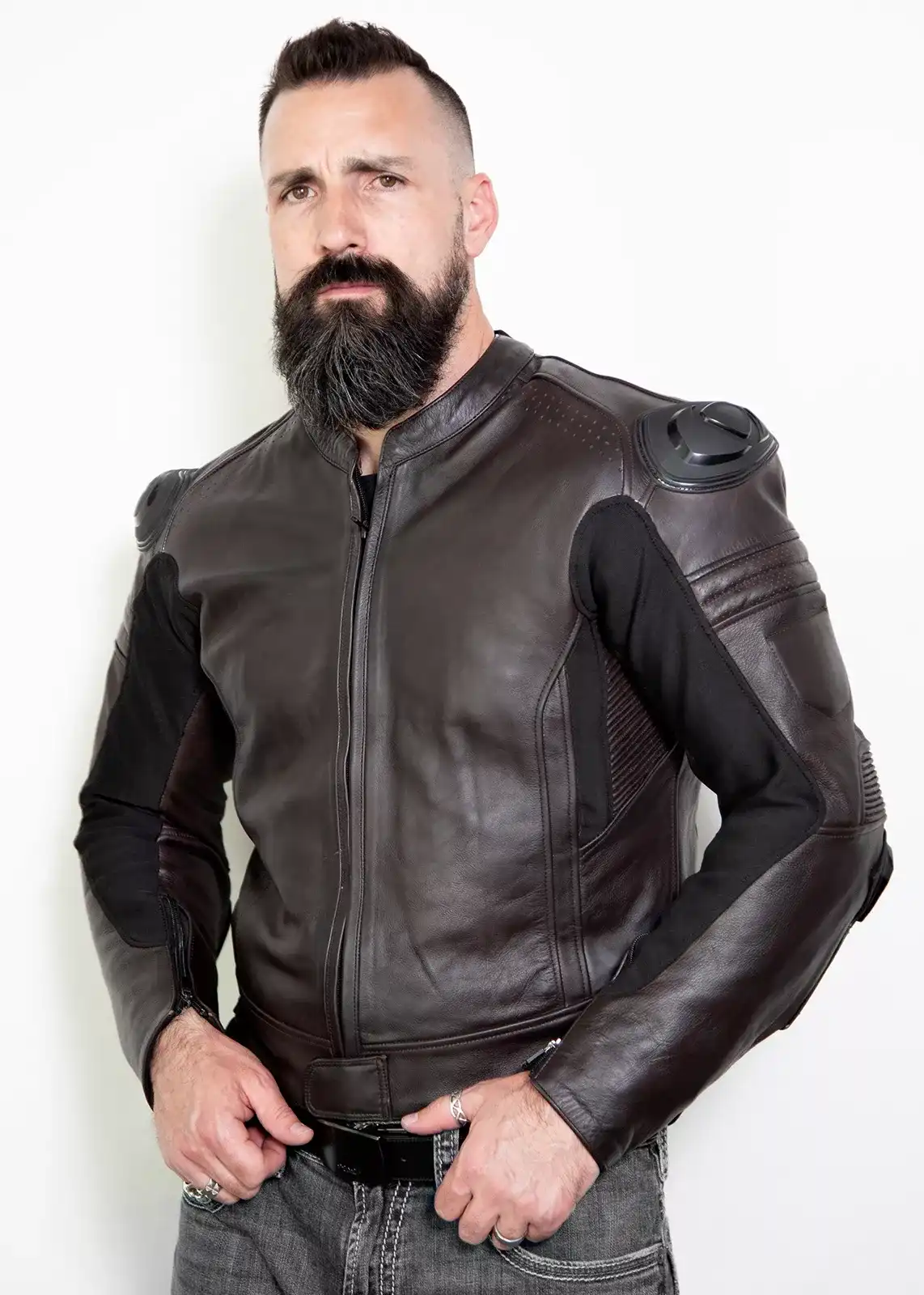 Mens Brown Leather Motorcycle Jacket with Armor - Luca Designs